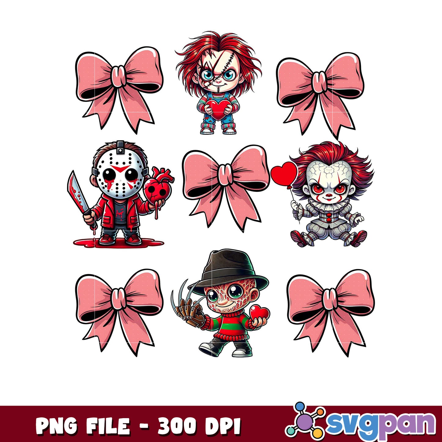Charming Horror Characters with Bows, High Quality PNG Design