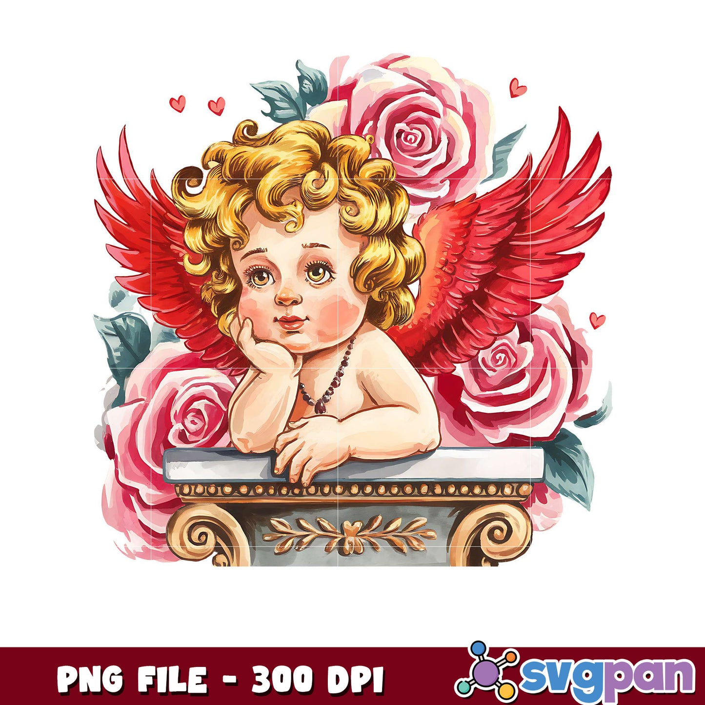 Cherubic Angel with Red Wings and Roses, High Quality PNG File