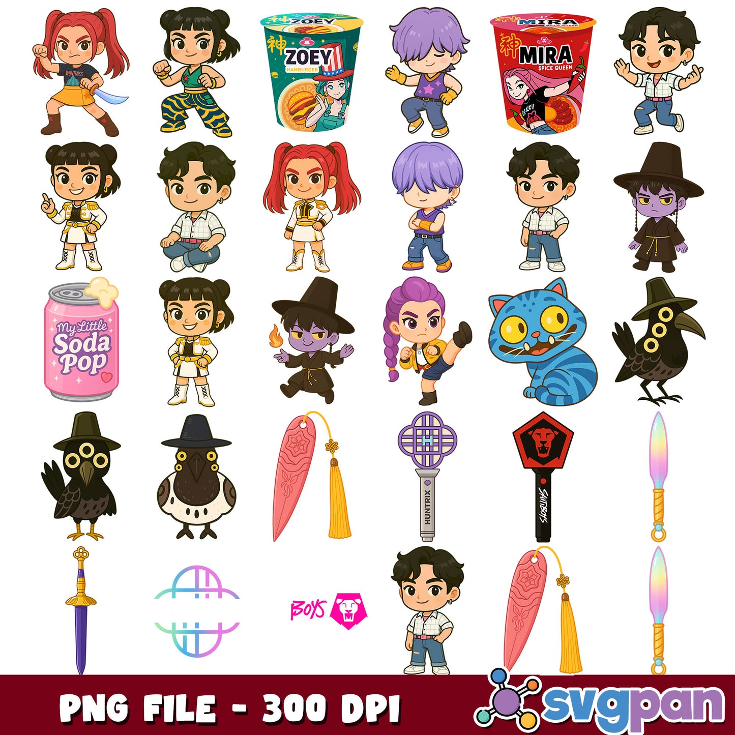 Chibi hunters kpop design png bundle, huntrix movie png, kpop hunters png