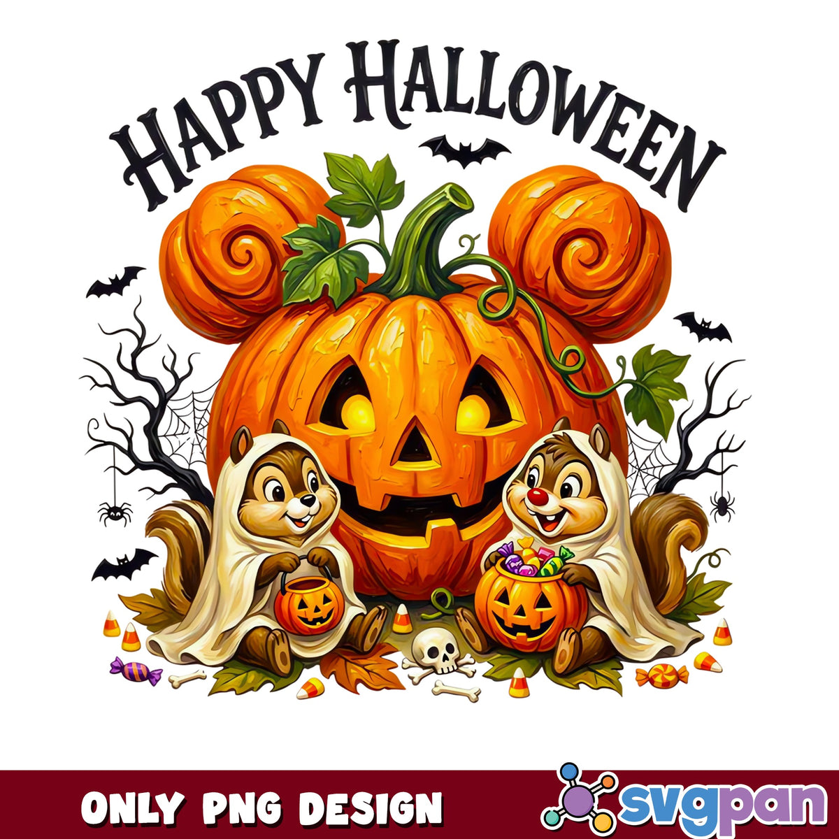 Chip And Dale Ghost Halloween PNG, Mickey Pumpkin Trick Or Treat