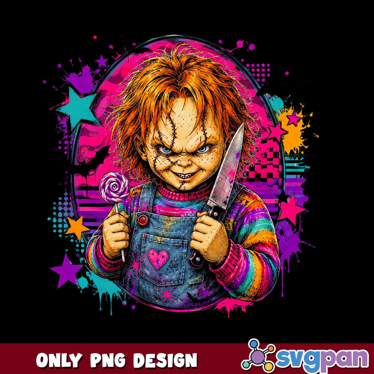 Chucky Killer Doll Retro Colorful PNG, Halloween PNG, Horror PNG