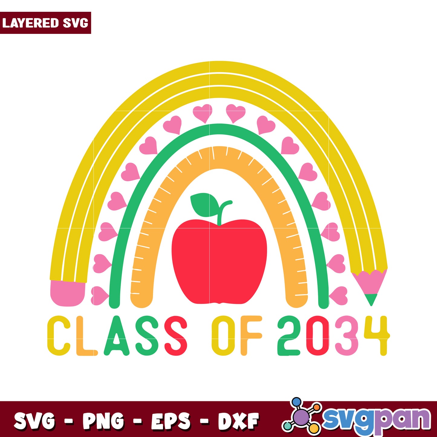 Class of 2034 layered SVG design, colorful school theme artwork