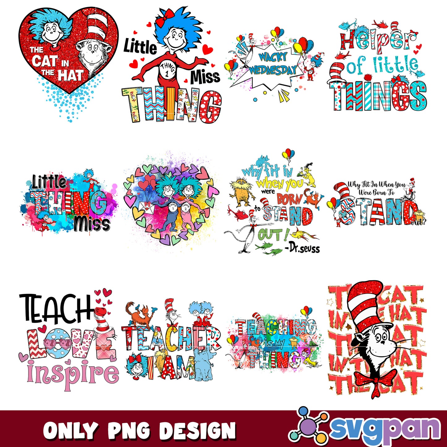 Colorful Cat in the Hat PNG Bundle for Teachers Kids