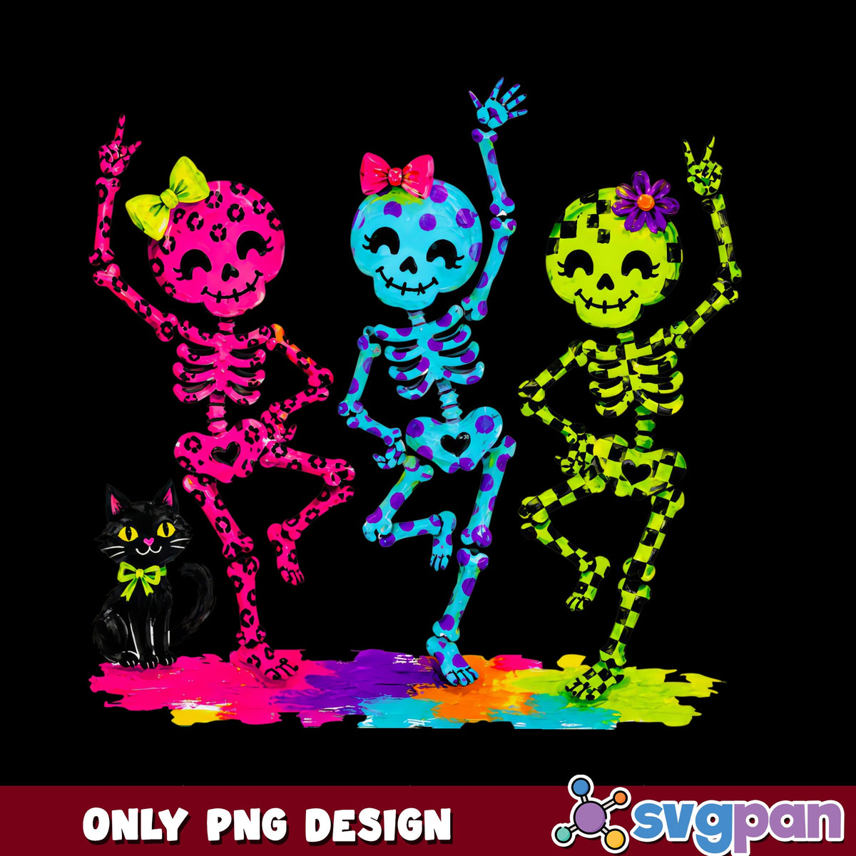 Colorful Skeleton Girls Halloween PNG, Neon Skeleton PNG, Dancing PNG
