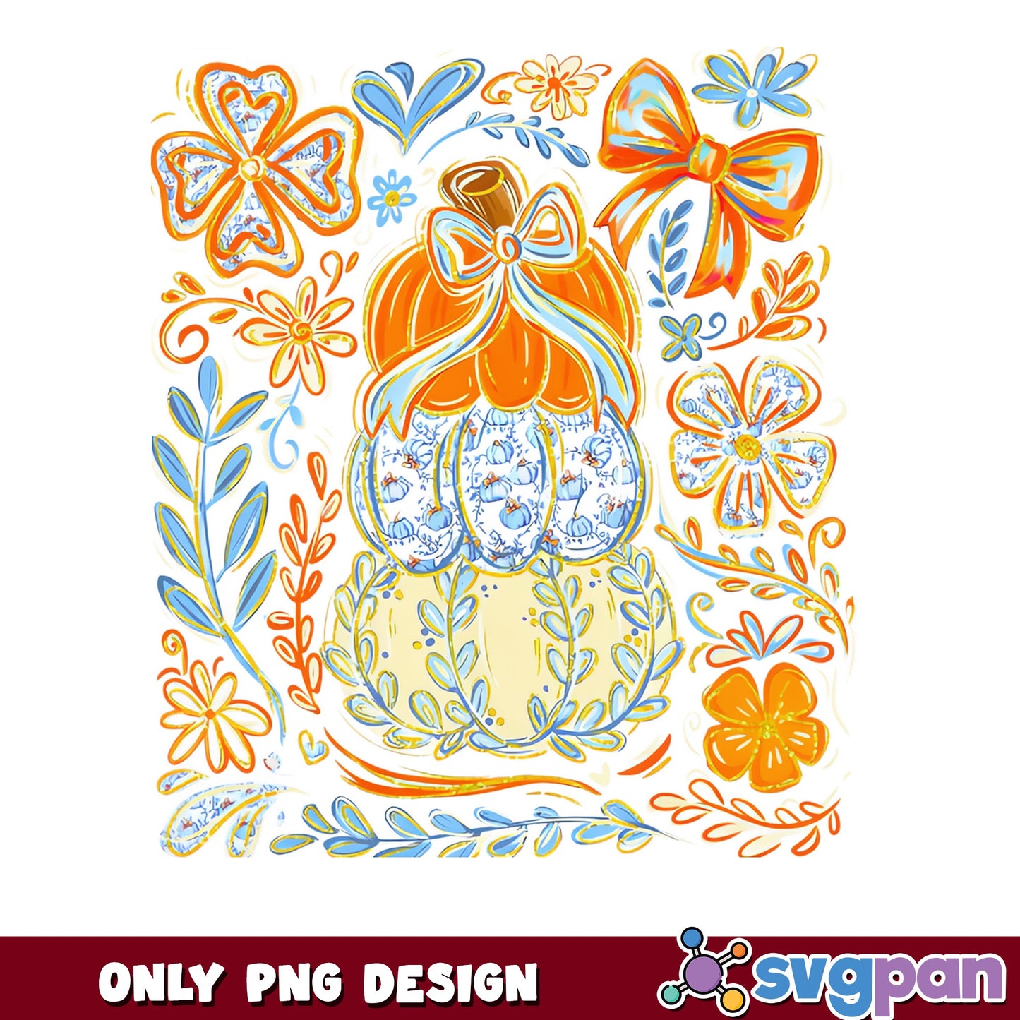 Coquette Pumpkin Stack Floral Fall PNG, Halloween PNG, Bow PNG