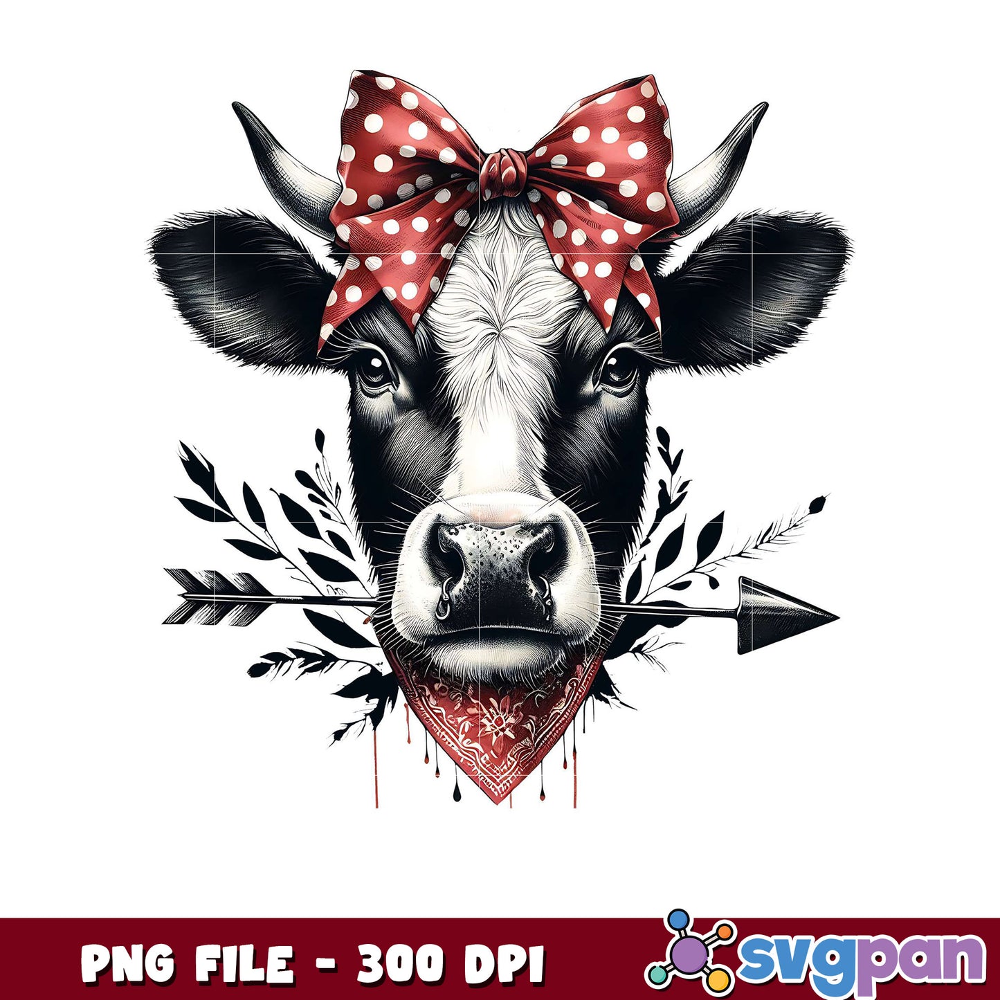 Cow illustration with bow and arrow, perfect for decor