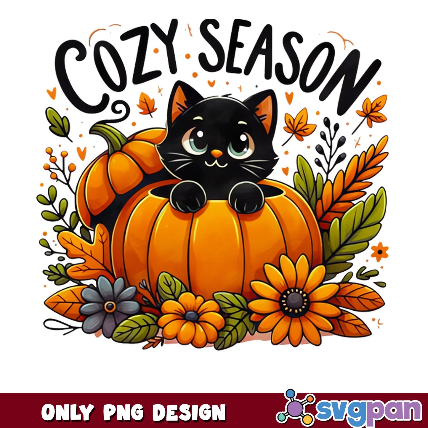 Cozy Season Black Cat Pumpkin PNG, Fall Halloween PNG, Autumn PNG