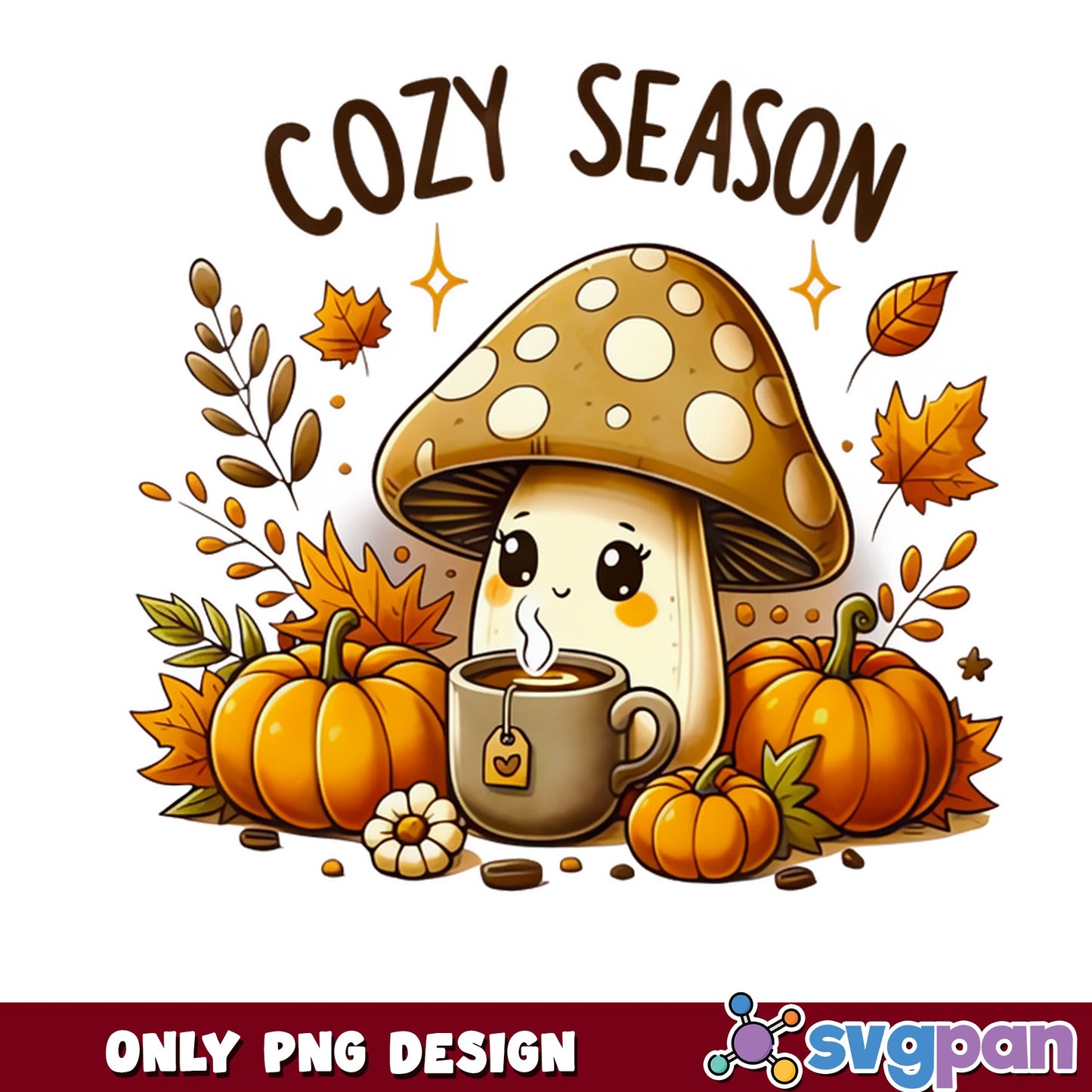 Cozy Season Mushroom PNG, Fall Autumn Pumpkin PNG, Coffee PNG