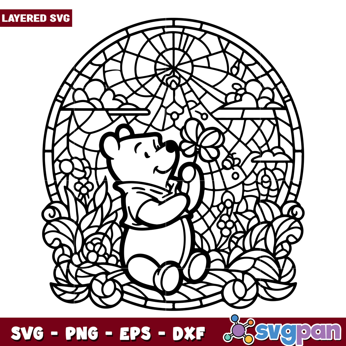 Cute Bear Floral Stained Glass SVG Coloring Page Design