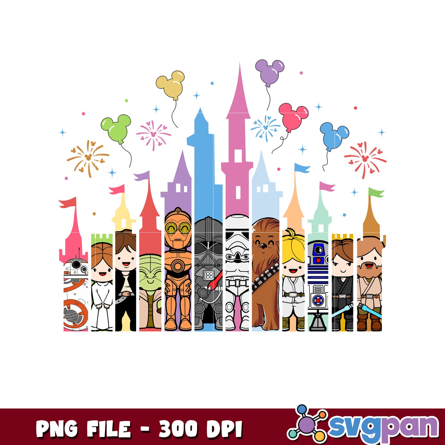Cute Star Wars Characters at Disney Castle PNG Image