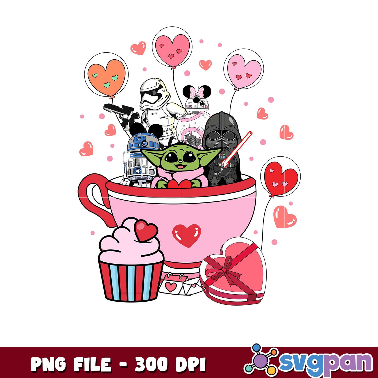 Cute Star Wars Characters in a Heart Cup, Fun PNG Design