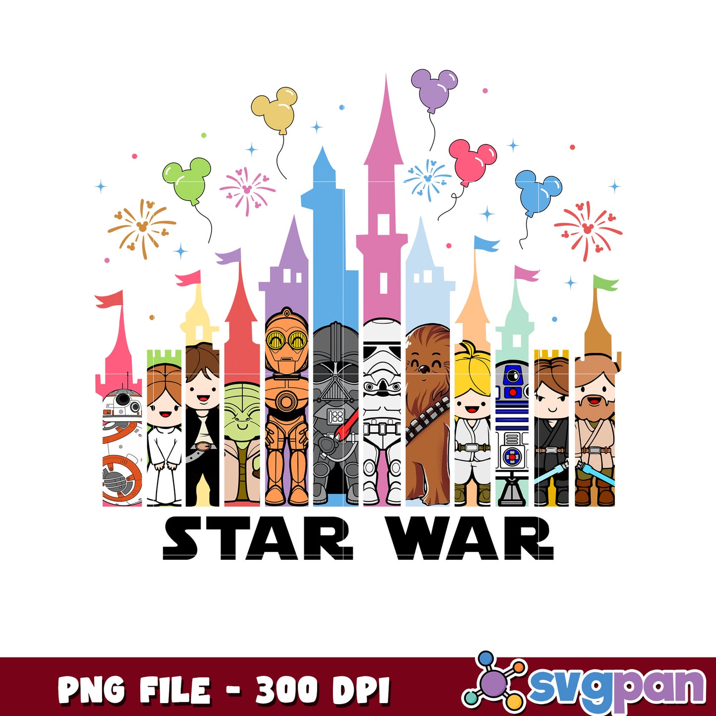 Cute Star Wars Characters with Colorful Castle Design PNG