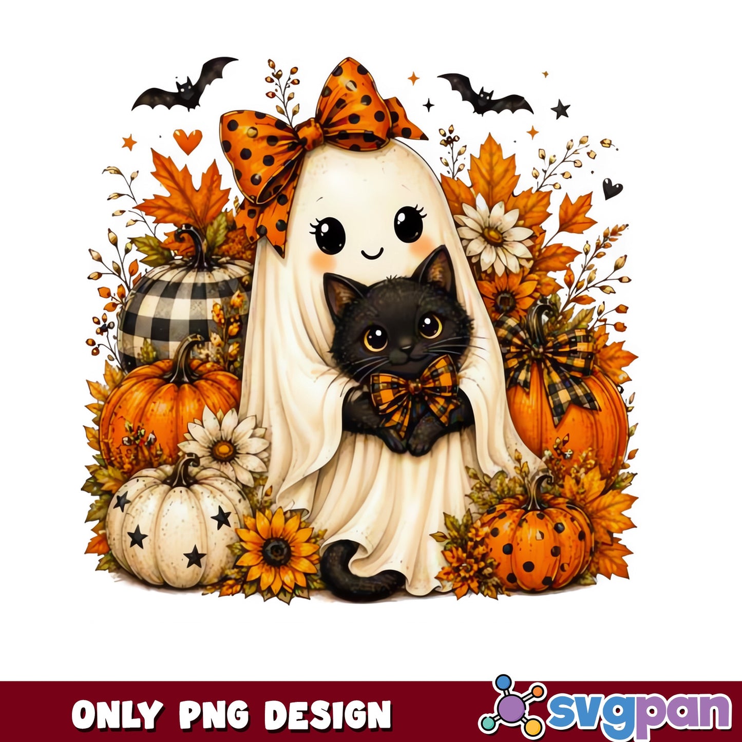 Cute Ghost With Black Cat PNG, Halloween Pumpkin PNG, Fall PNG