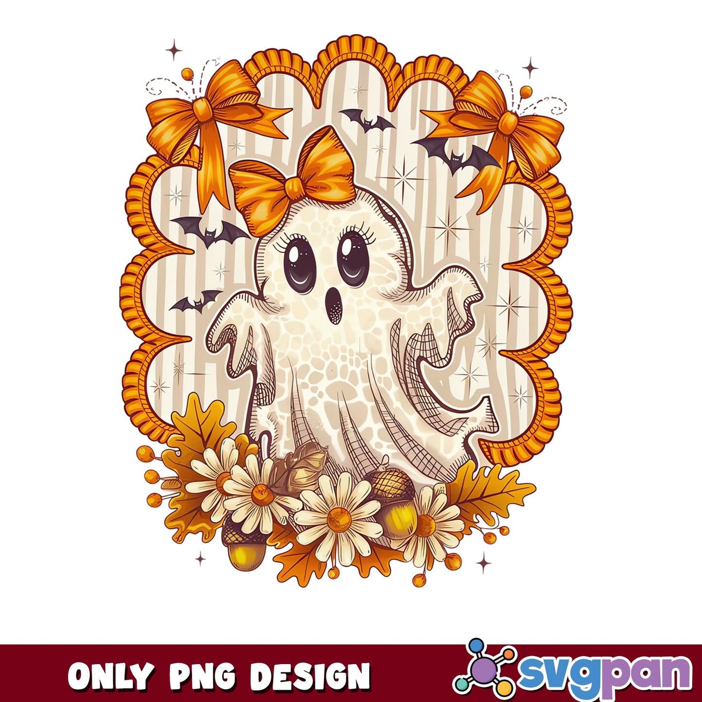 Cute Ghost With Bow Halloween PNG, Fall Ghost PNG, Spooky PNG