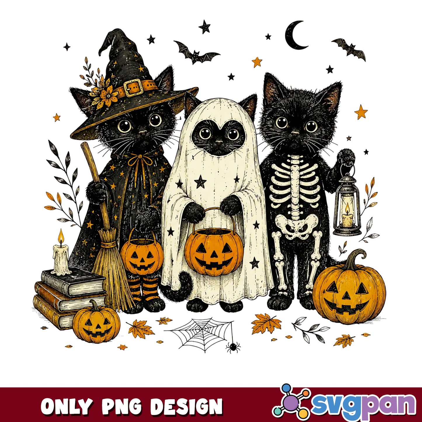 Cute Halloween Cat Trio PNG, Witch Ghost Skeleton, Spooky PNG