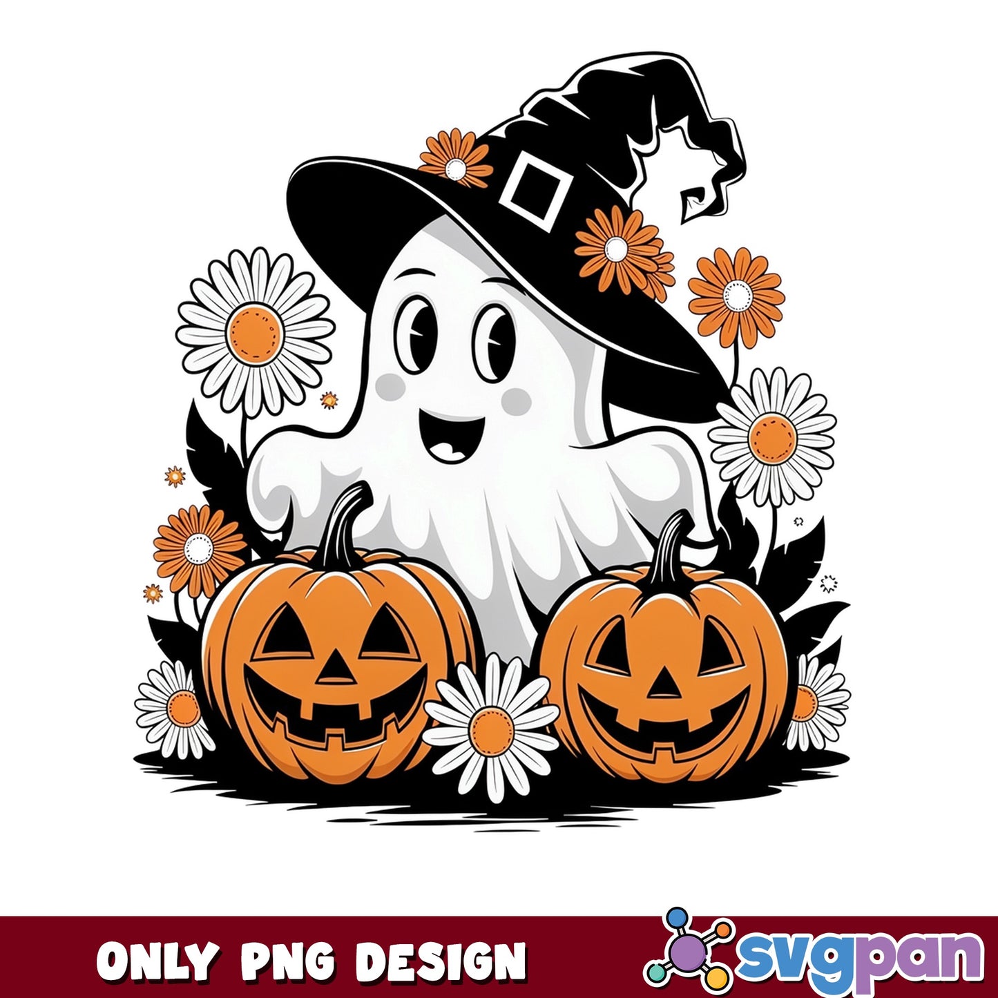 Cute Halloween Ghost With Pumpkin PNG, Floral Ghost PNG, Halloween PNG