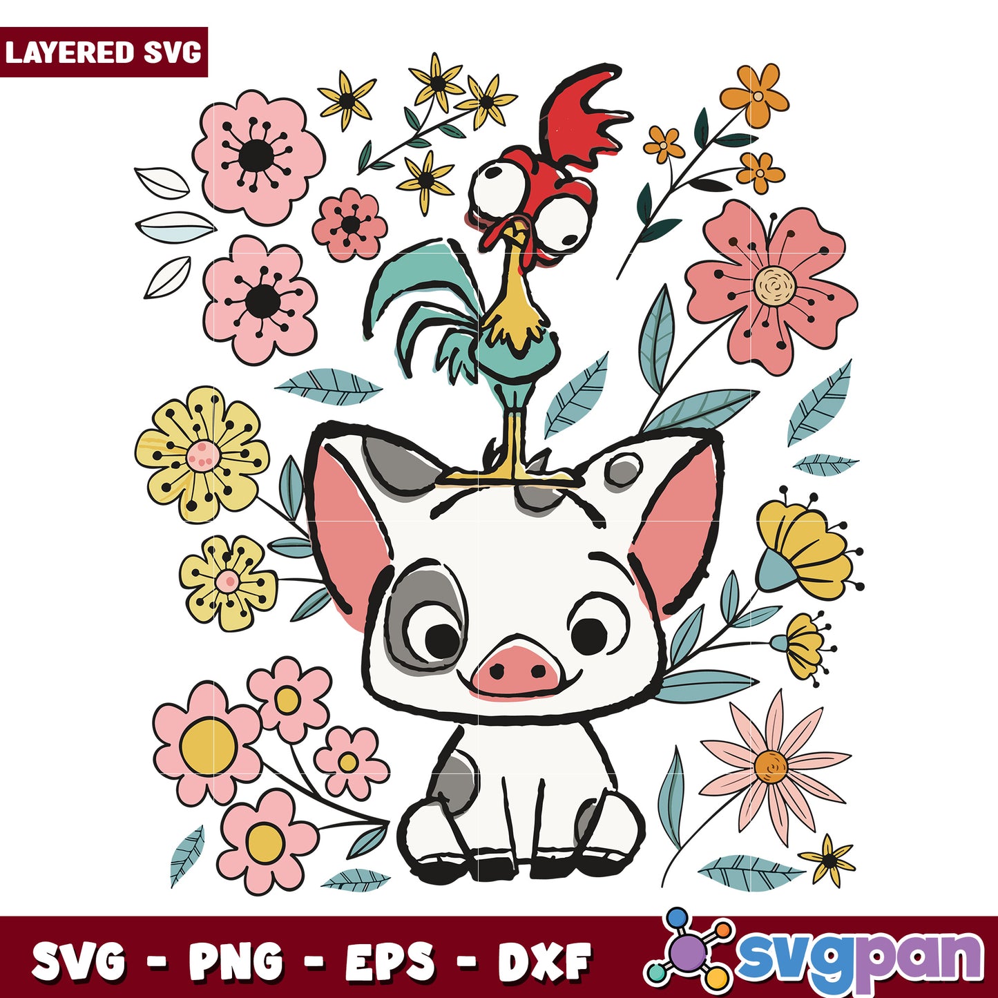 Cute chicken and pig flower svg, farm animal floral design svg, adorable barnyard friends svg