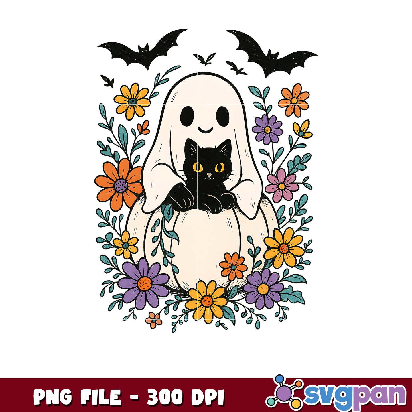 Cute ghót and black cat png, halloween holiday, halloween candy png