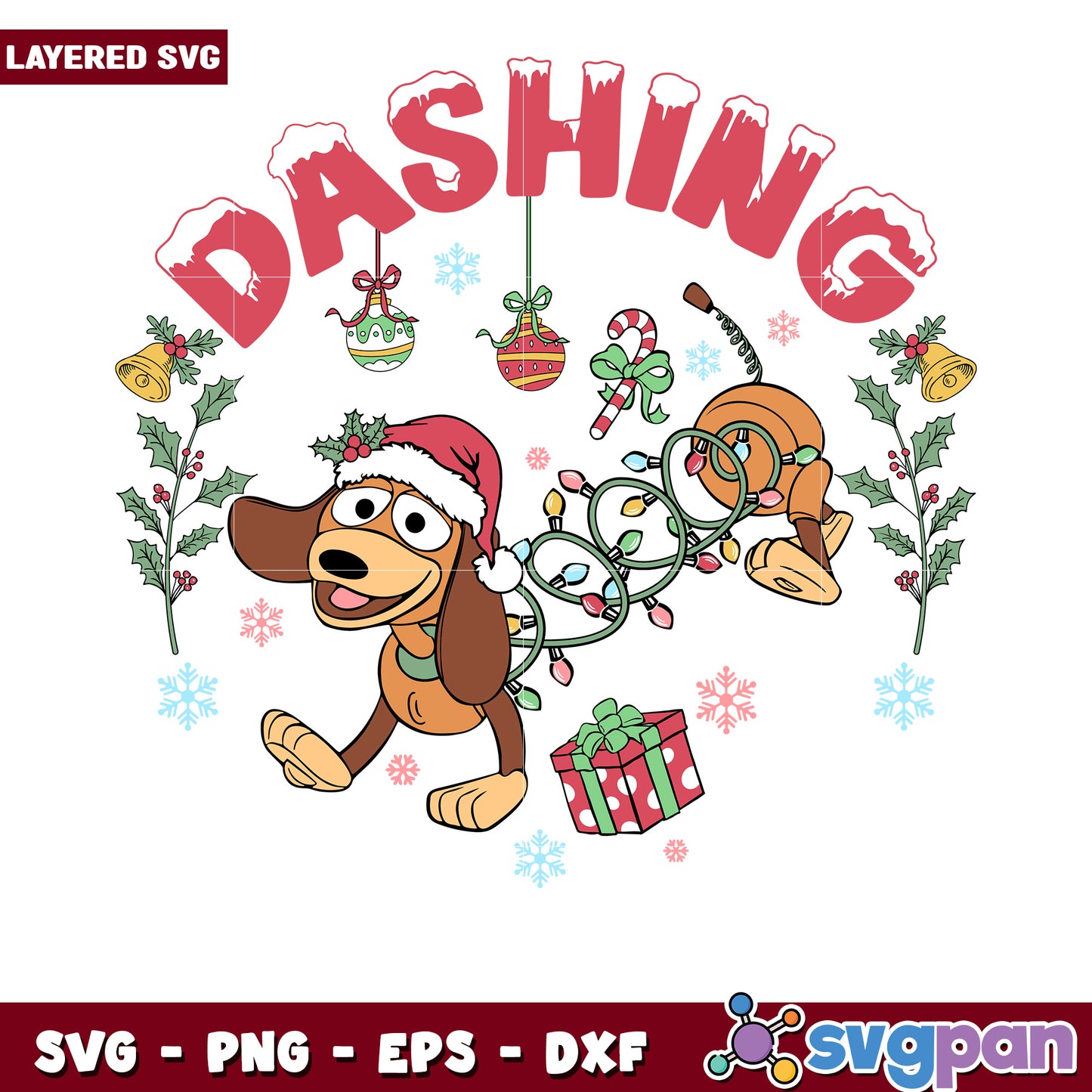 DASHING white font svg, christmas lights svg, cartoon svg