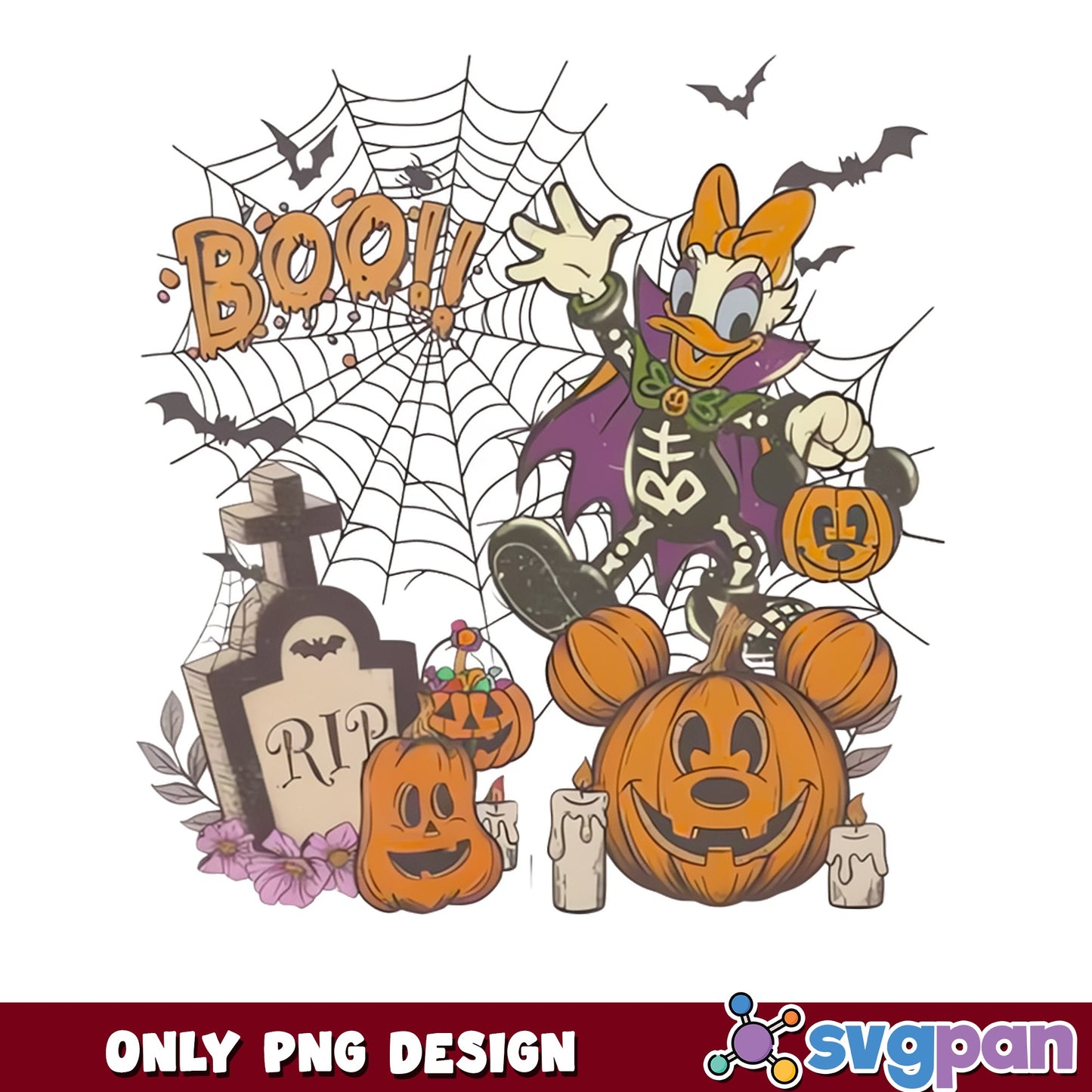 Daisy Duck Boo Halloween PNG, Disney Skeleton PNG, Mickey Pumpkin PNG