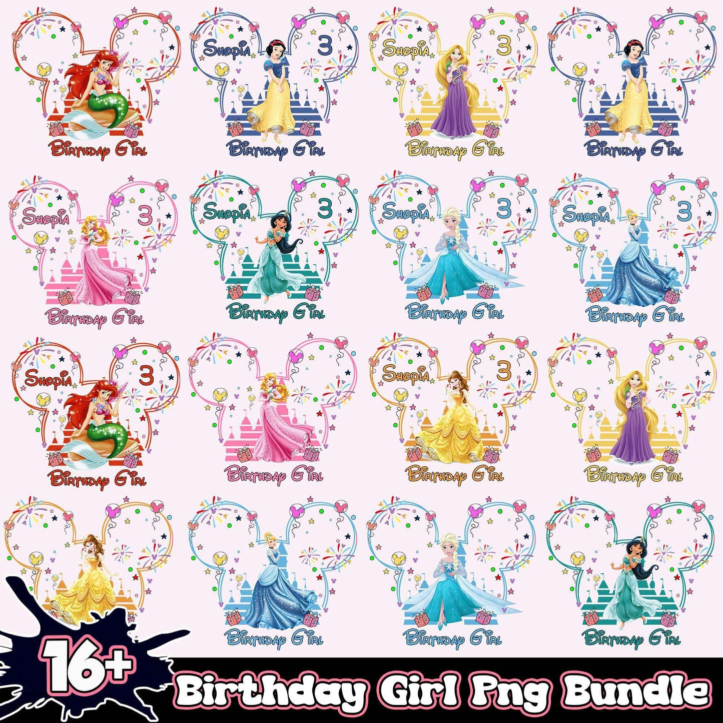 Disney Princess Birthday Girl PNG Bundle