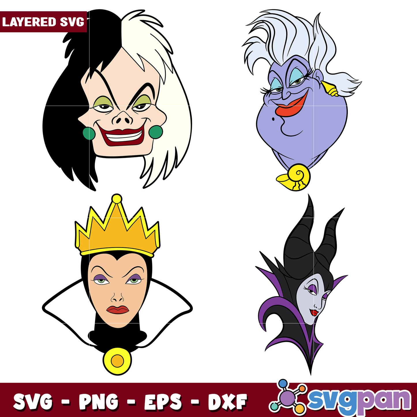 Disney Villain SVG Bundle Cruella, Ursula, Evil Queen, Maleficent