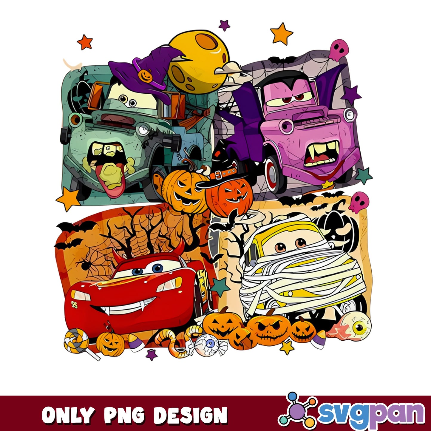 Disney Cars Halloween Bundle PNG, Mater McQueen Spooky Cars, Horror PNG