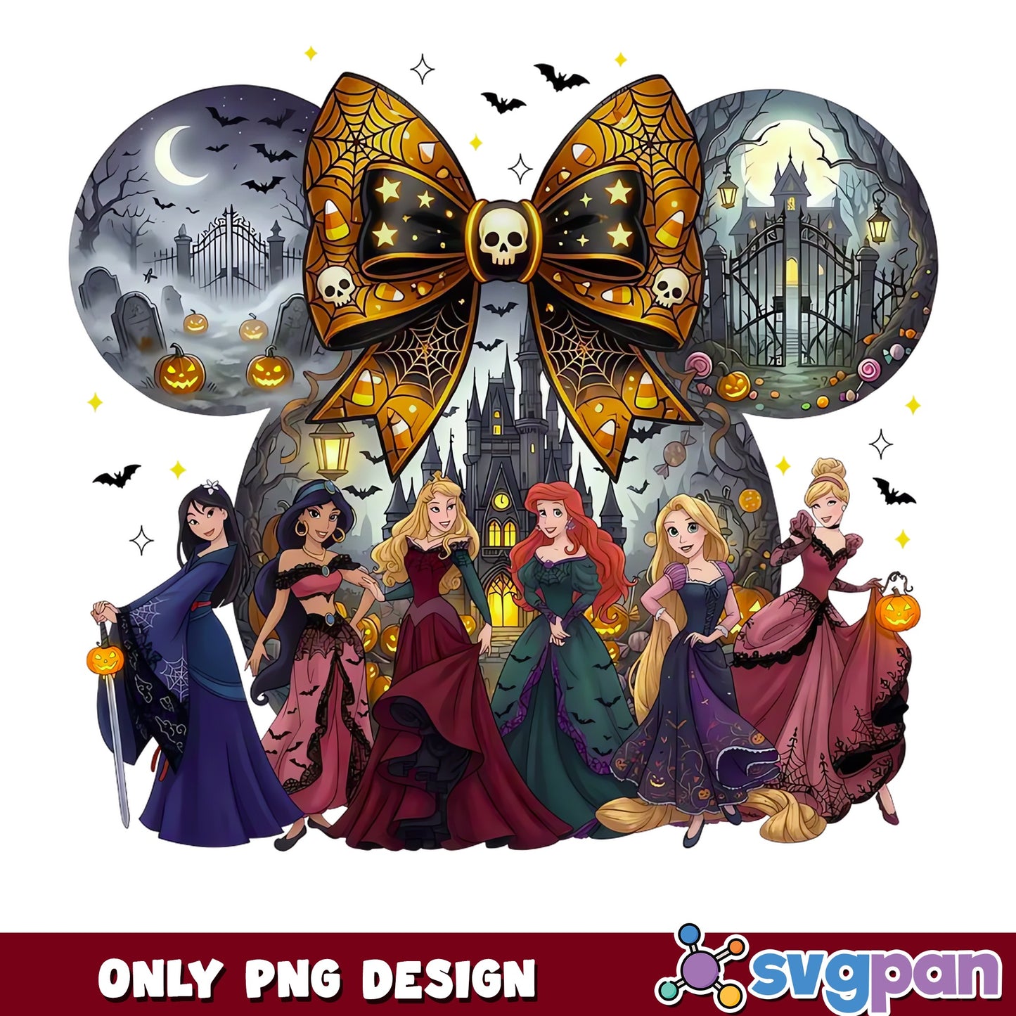 Disney Princess Halloween PNG, Minnie Ears Bow Spooky Castle, Horror