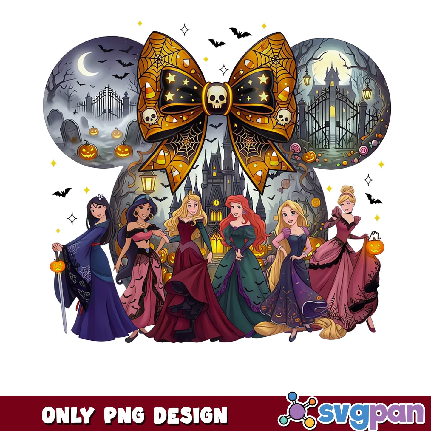 Disney Princess Halloween PNG, Minnie Ears Coquette Bow, Spooky Castle PNG