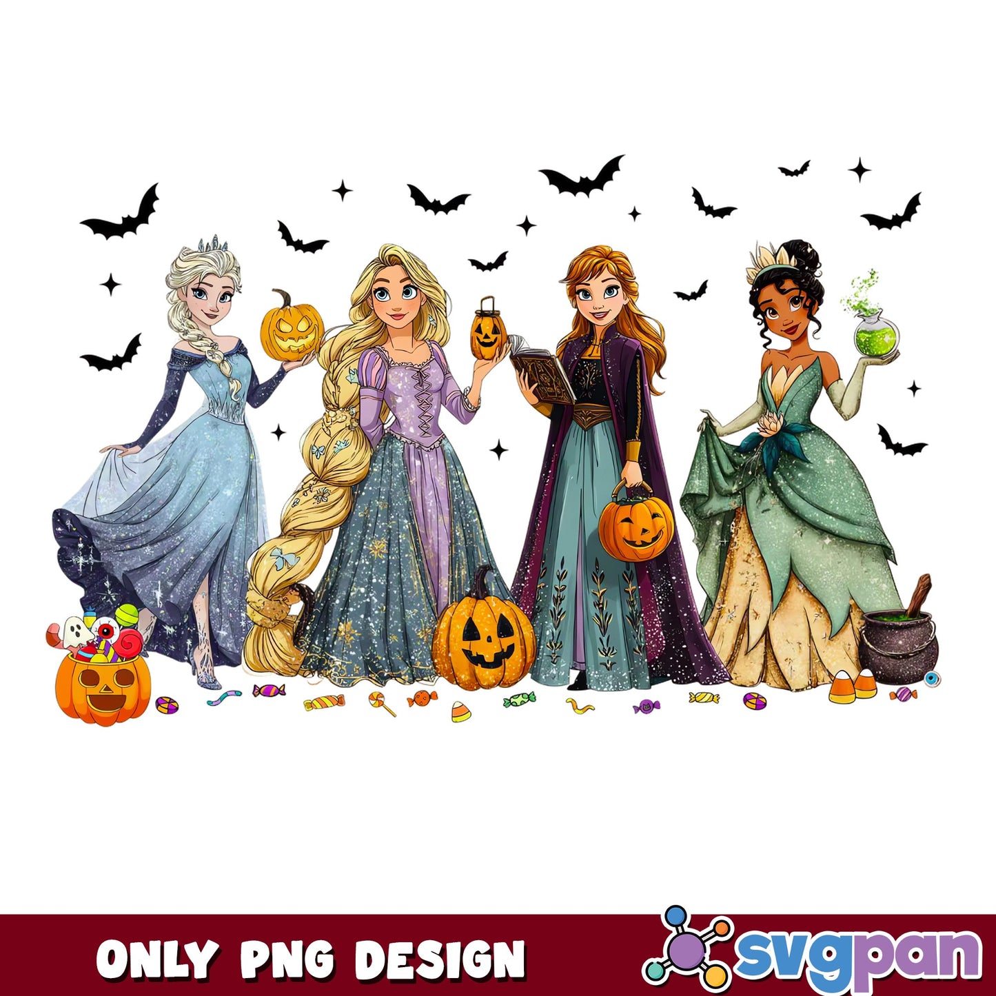 Disney Princess Halloween Pumpkin PNG, Elsa Rapunzel Anna Tiana Bats