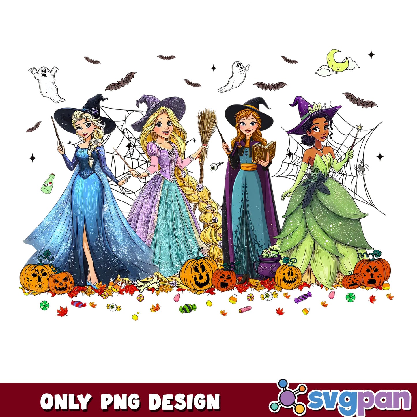 Disney Princess Halloween Witch PNG, Elsa Rapunzel Anna Tiana, Spooky