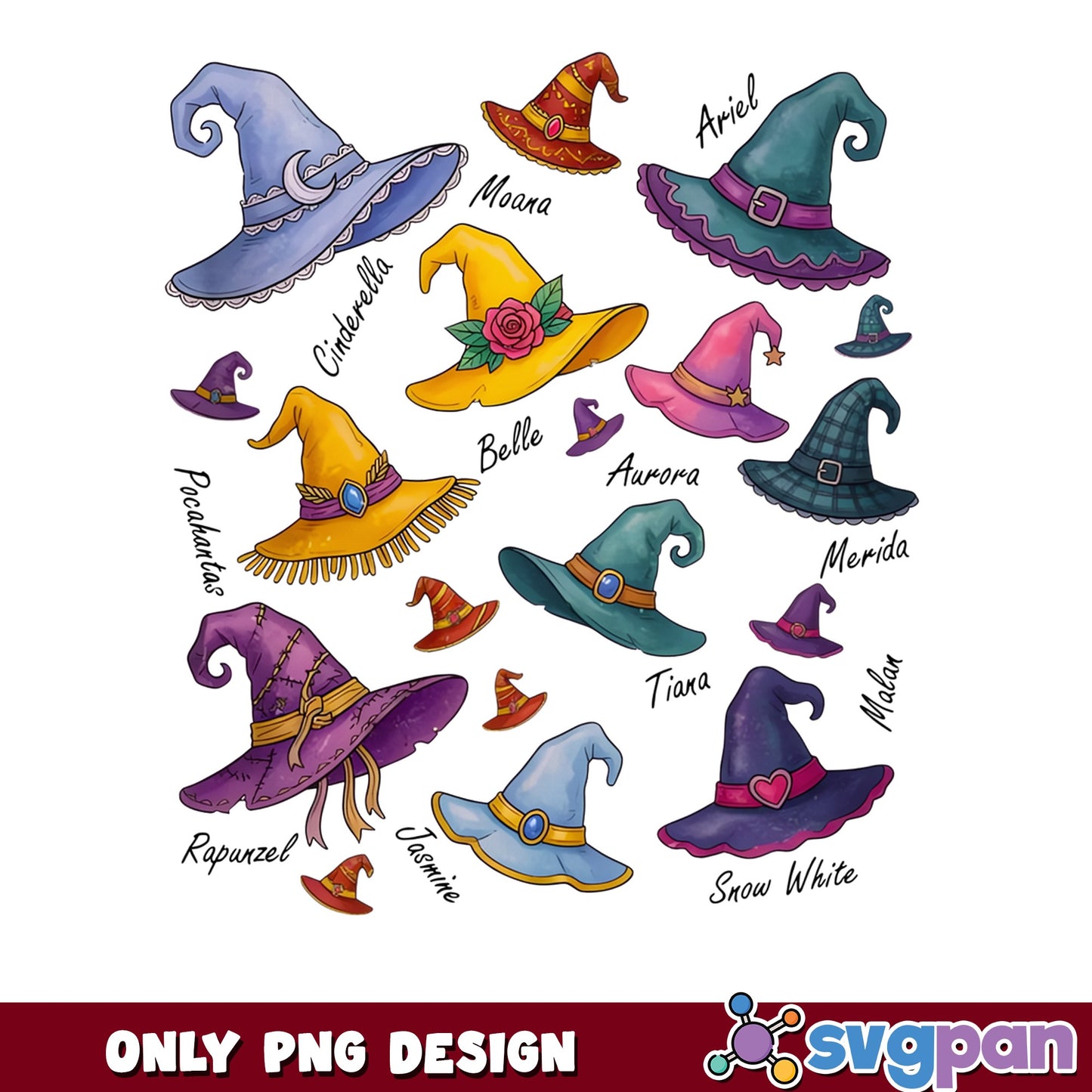 Disney Princess Witch Hat Bundle PNG, Halloween Princess PNG, Disney PNG