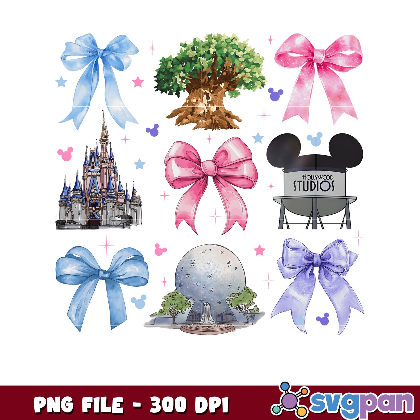Disneyland design with bowtie png, disney characters png, disneyland png