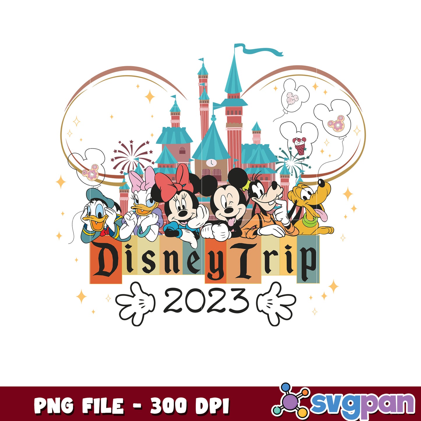 Disneyland trip 2023 png, mickey and friends vacation png, disney castle travel design png