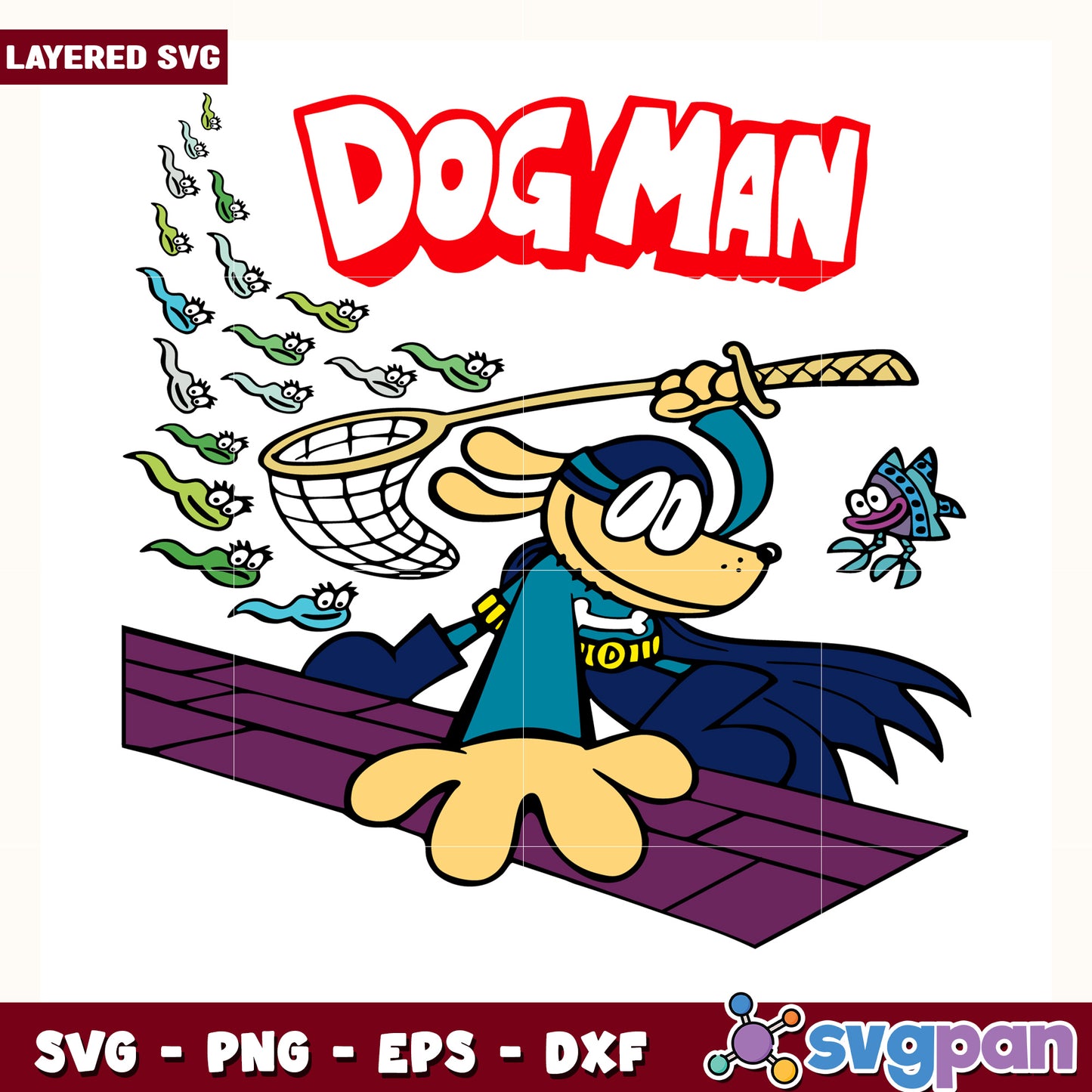 Dog man cartoons catiching fish characters svg, dog man svg, funny comic svg