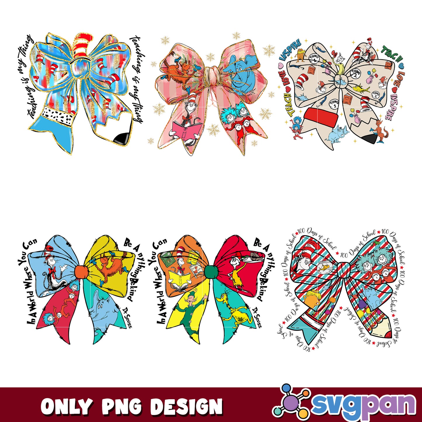 Dr Seuss Bow PNG Bundle Teacher Sublimation Designs