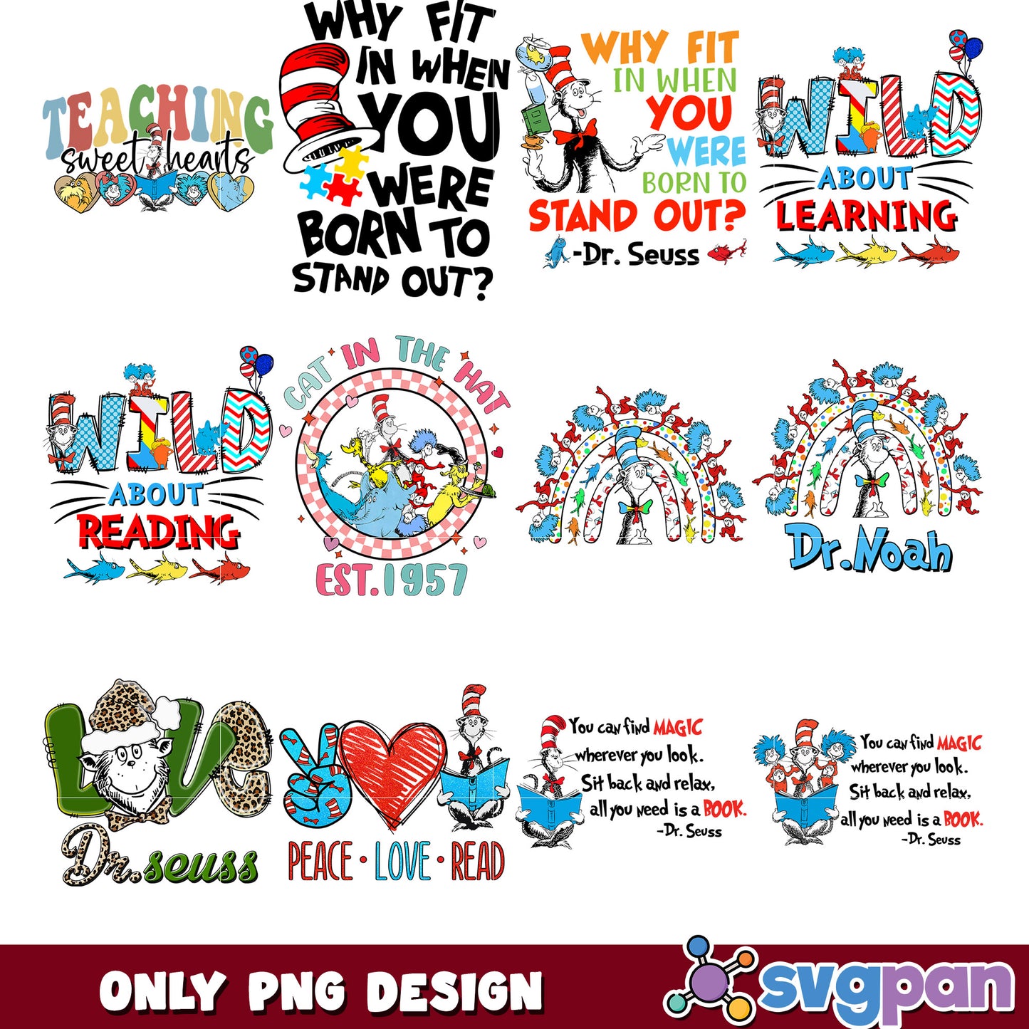 Dr Seuss Inspirational Quotes PNG Bundle for Educators