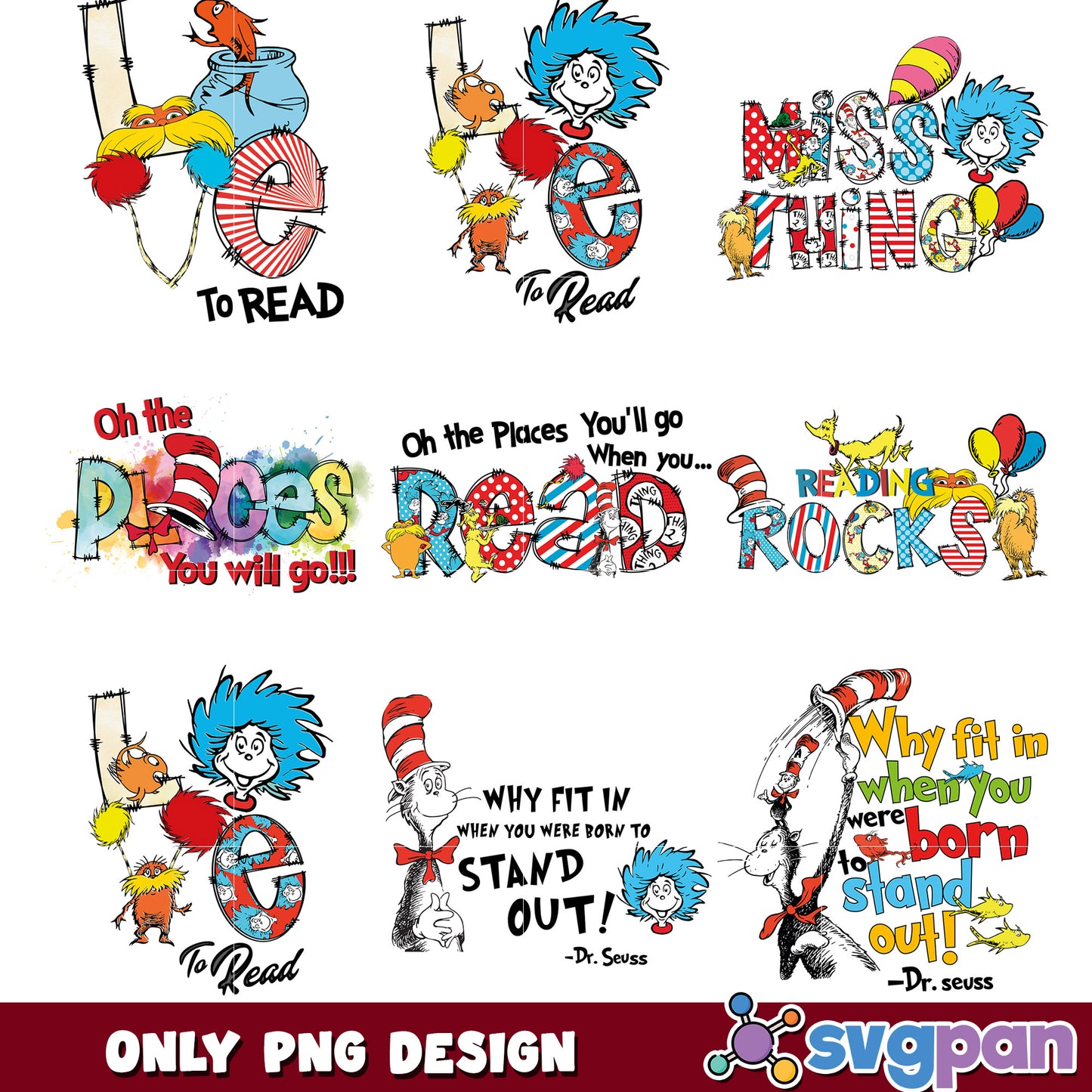 Dr Seuss Inspired Reading PNG Bundle for Kids Fun