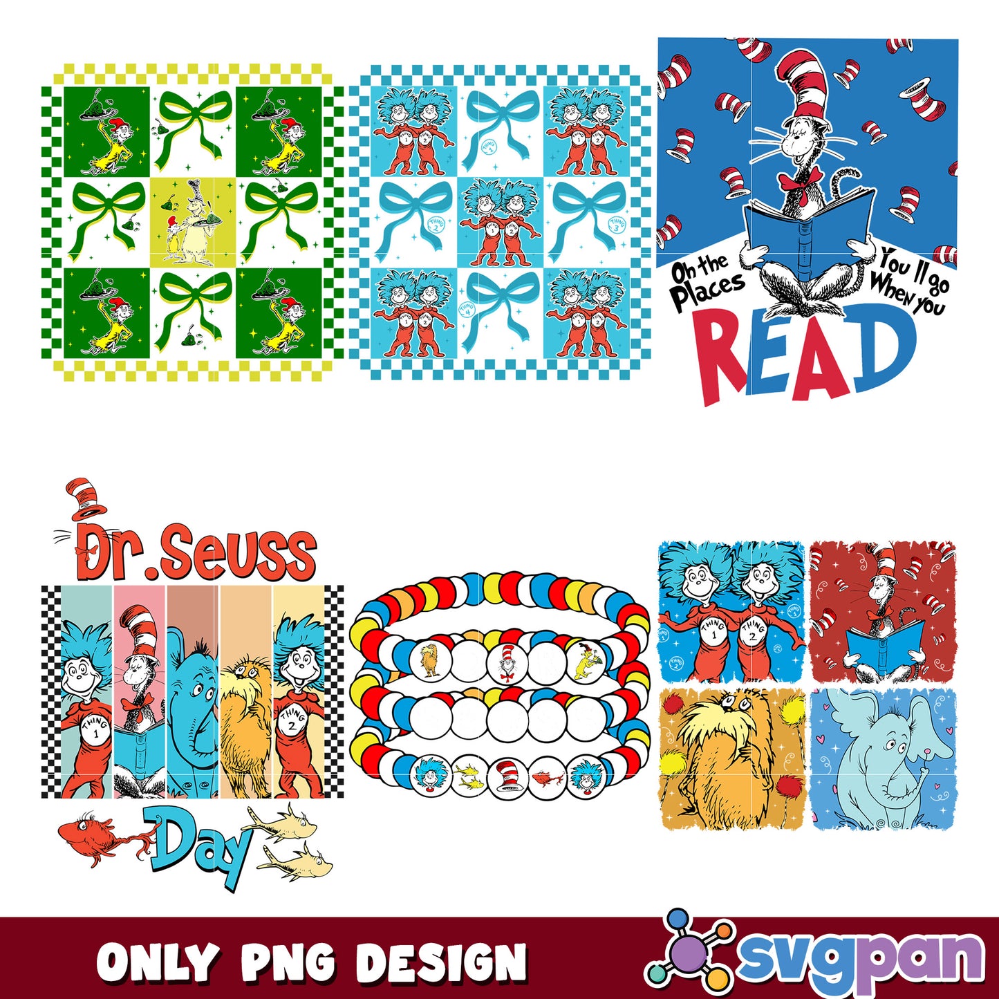 Dr Seuss PNG Bundle Read, Cat in Hat, Thing 1 & 2