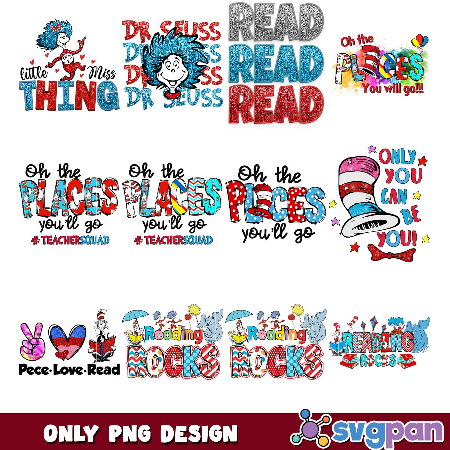 Dr Seuss PNG Bundle Reading Rocks Designs