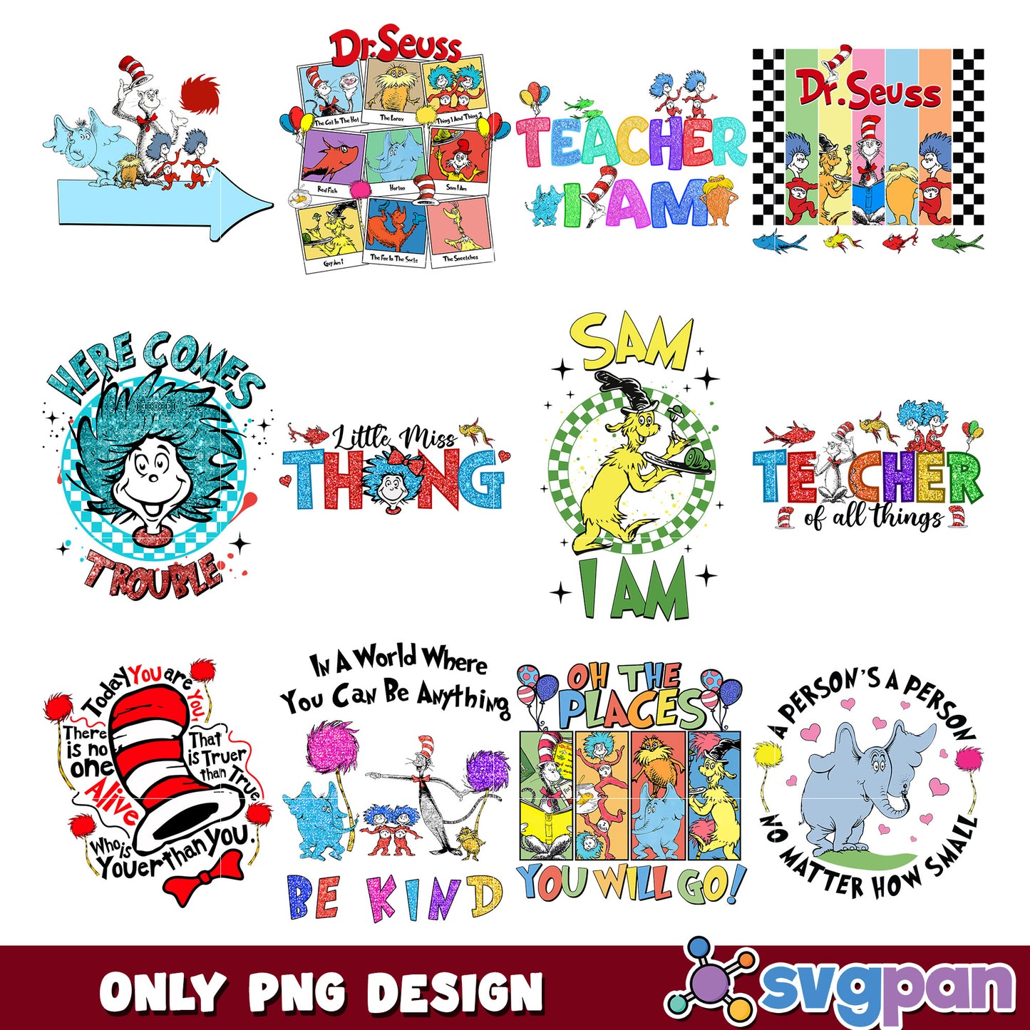 Dr Seuss PNG Bundle Teacher & Quotes Designs
