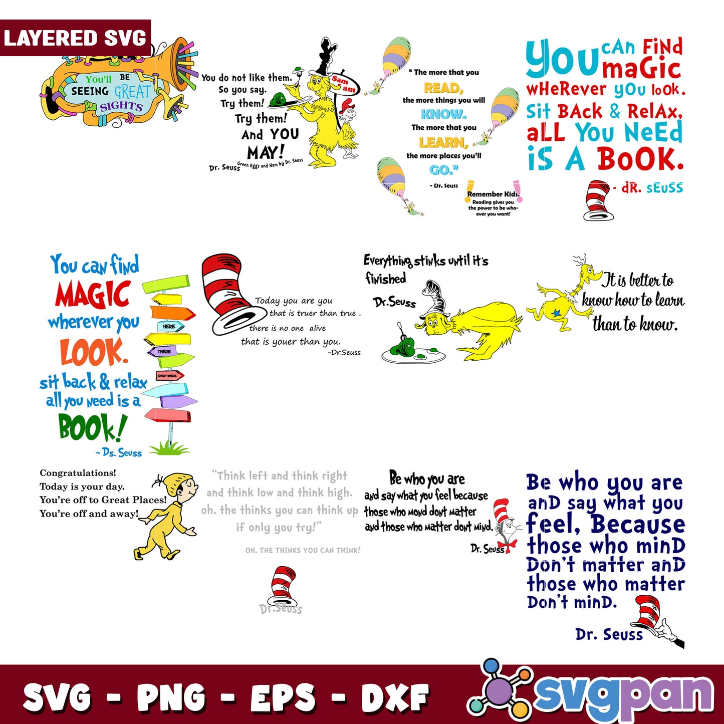 Dr Seuss Quotes SVG Bundle Layered PNG, EPS, DXF