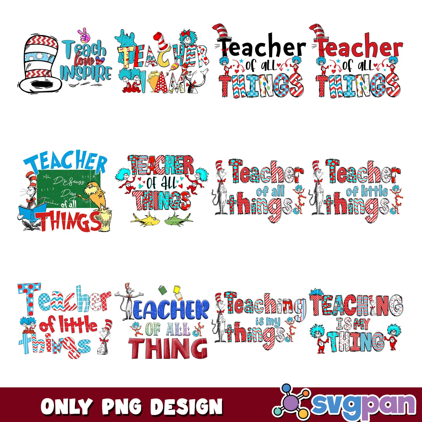 Dr Seuss Teacher PNG Bundle Designs
