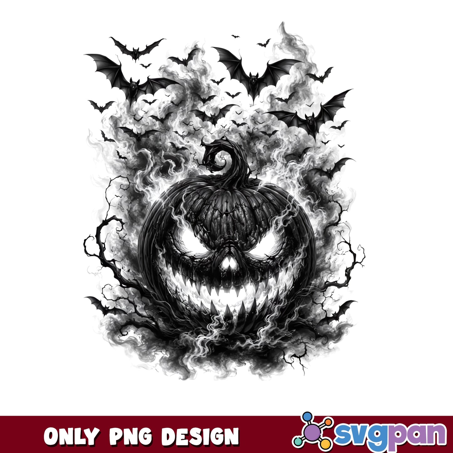 Evil Pumpkin Smoke Bats Halloween PNG, Scary Jack O Lantern PNG, Spooky PNG