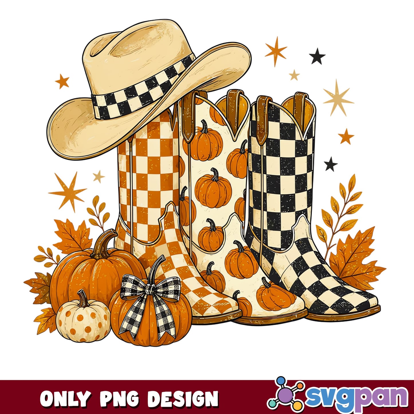 Fall Cowboy Boots Pumpkin PNG, Autumn Western Hat PNG, Halloween PNG