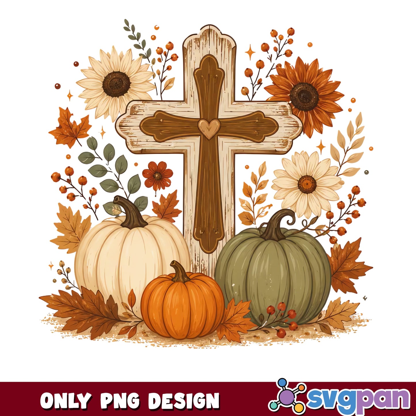 Fall Cross Pumpkin PNG, Autumn Floral Sunflower PNG, Thanksgiving PNG
