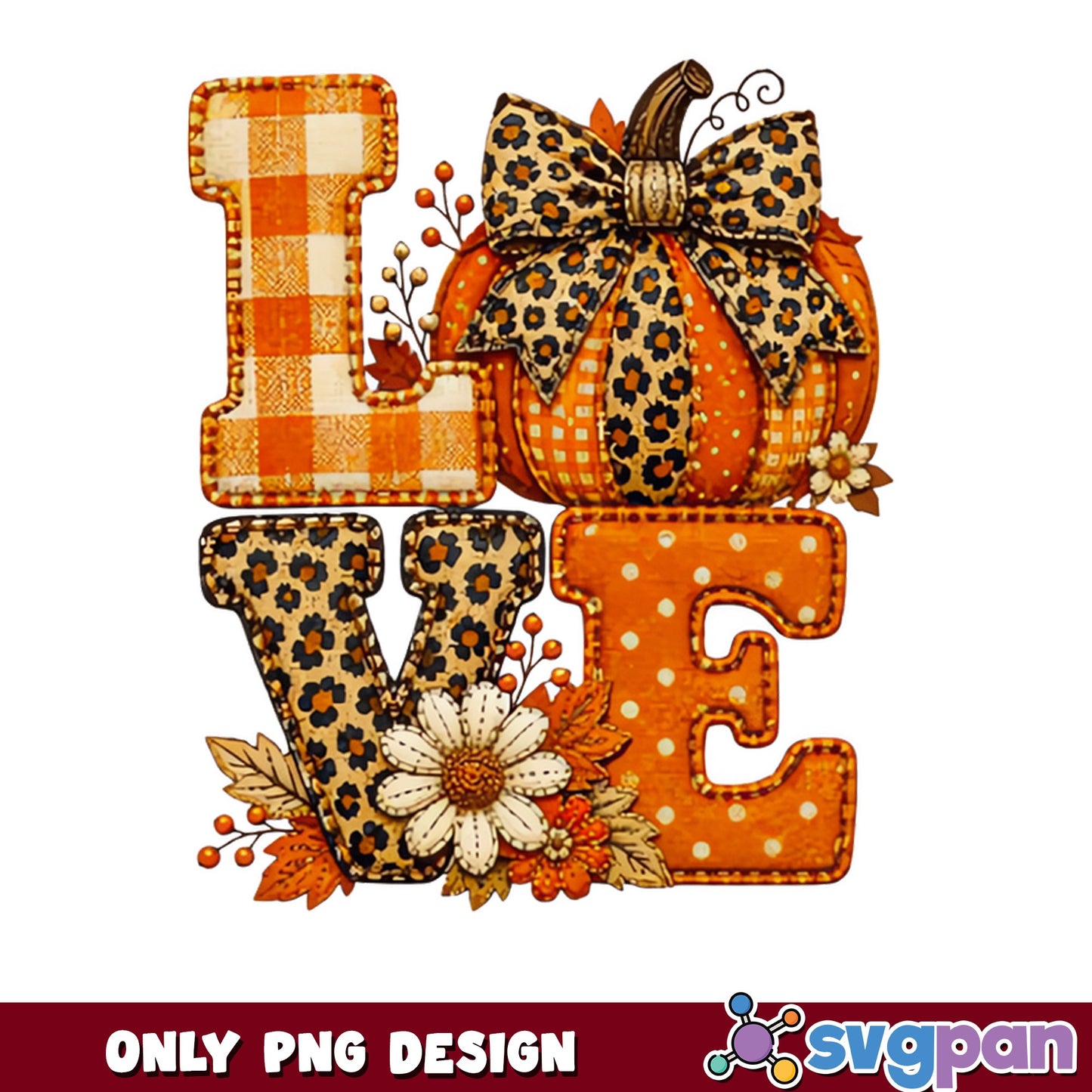 Fall Love Pumpkin Leopard PNG, Autumn Floral Design PNG, Thanksgiving PNG