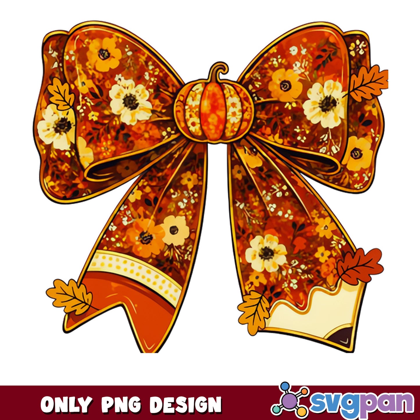 Fall Pumpkin Floral Bow PNG, Autumn Bow Clipart PNG, Thanksgiving PNG