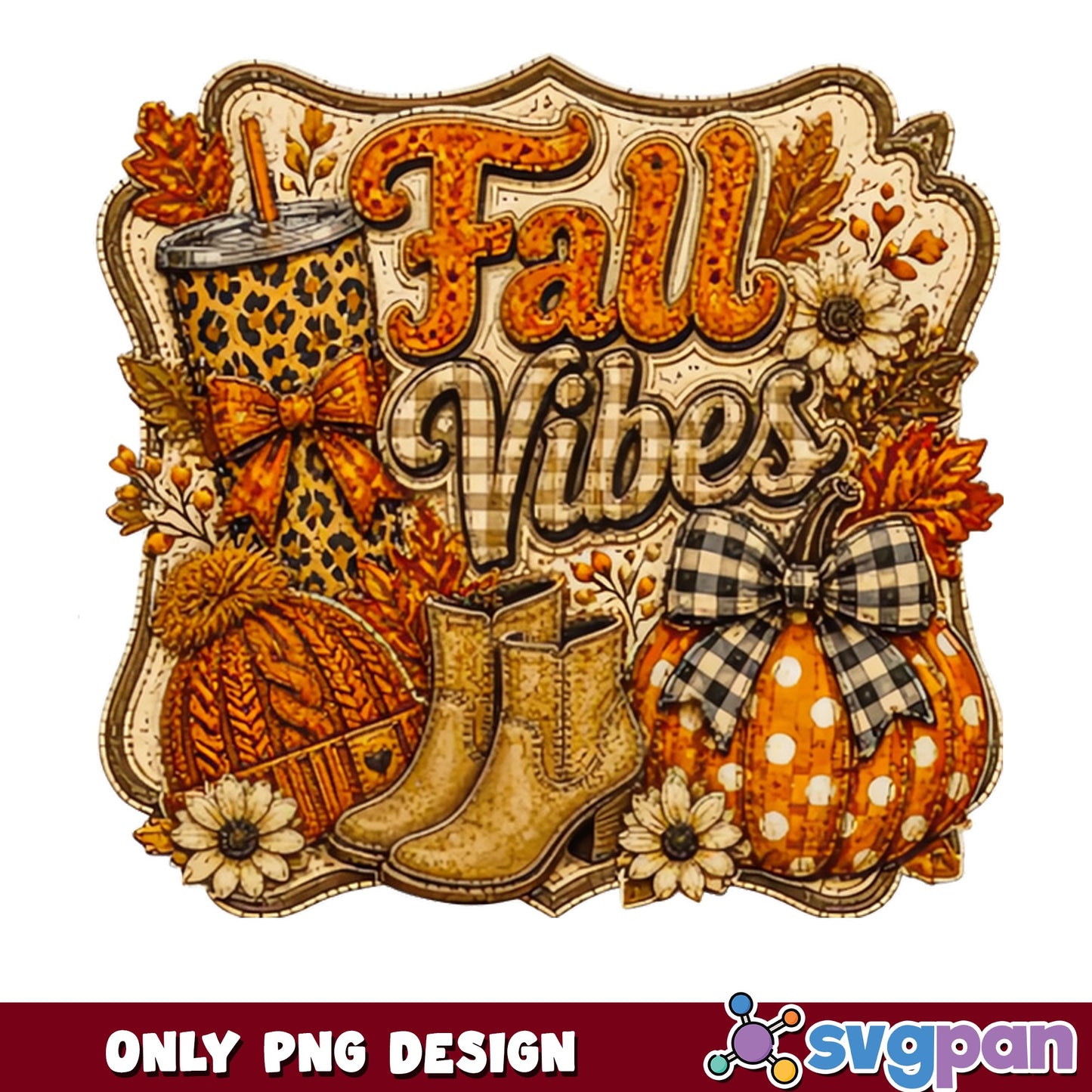 Fall Vibes PNG, Autumn Pumpkin Leopard Boots Design, Fall PNG