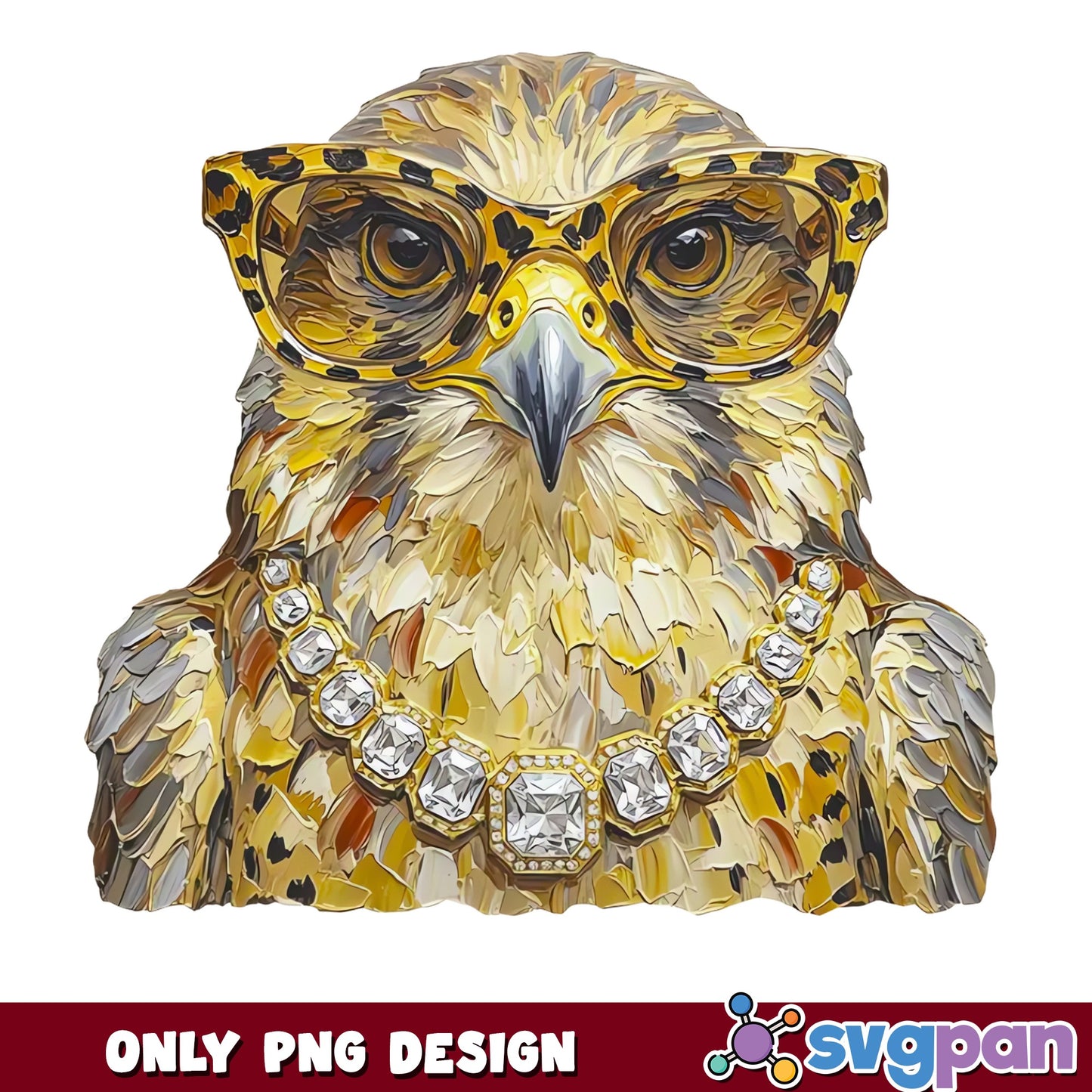Fancy Owl With Glasses And Diamond Necklace PNG, Boho Owl PNG, Trendy Bird PNG
